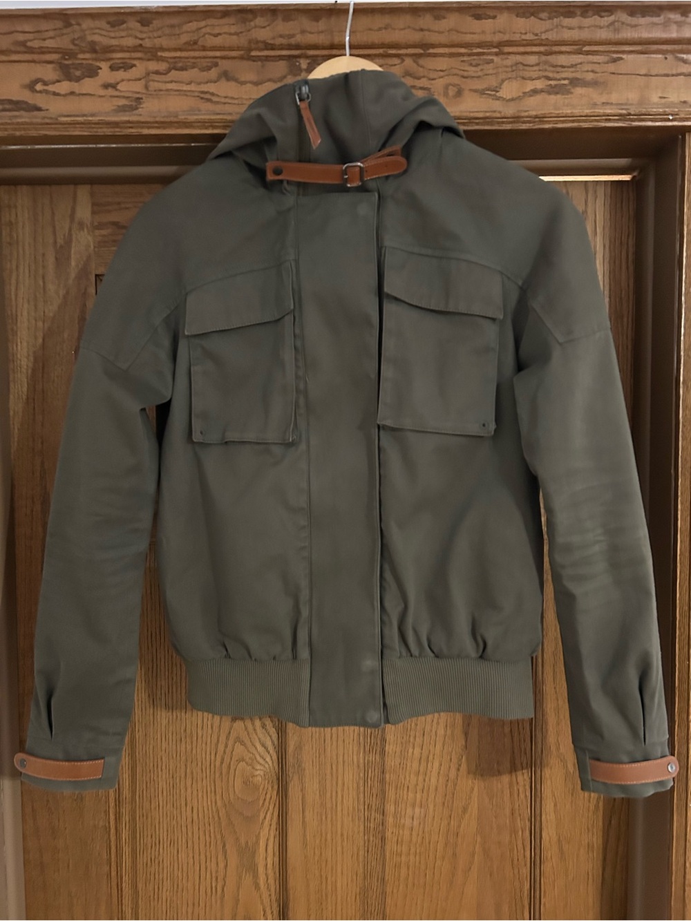 Olive Hooded Bomber Jacket with Brown Leather Details